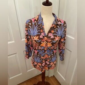 J.MCLAUGHLIN Catalina Cloth 3/4 Sleeve FloralTop Brown Orange‎ Sz Sm Resortwear